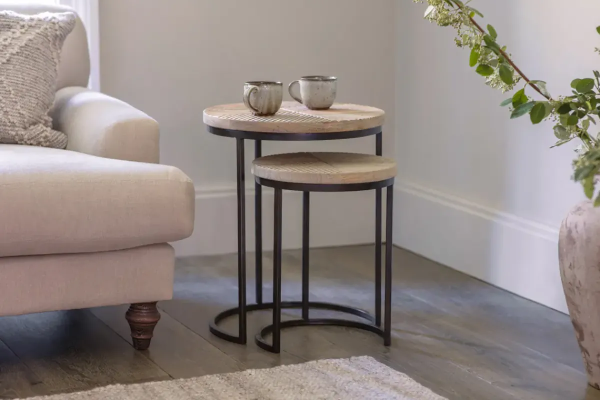 Living|Side Tables^Nkuku Aasha Carved Mango Wood & Iron Nesting Side Tables - Natural - (Set of 2)