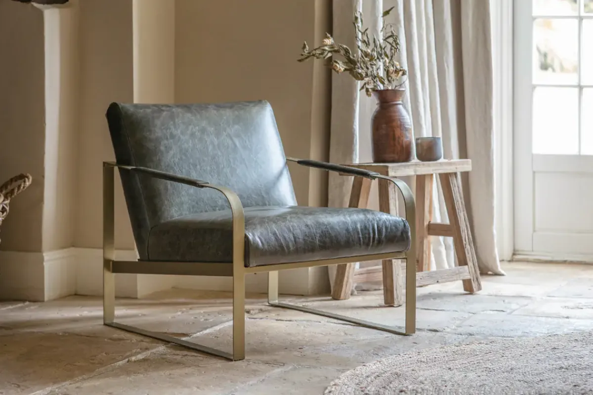 Living|Occasional Chairs^Nkuku Adra Leather & Brass Occasional Chair - Moss Green