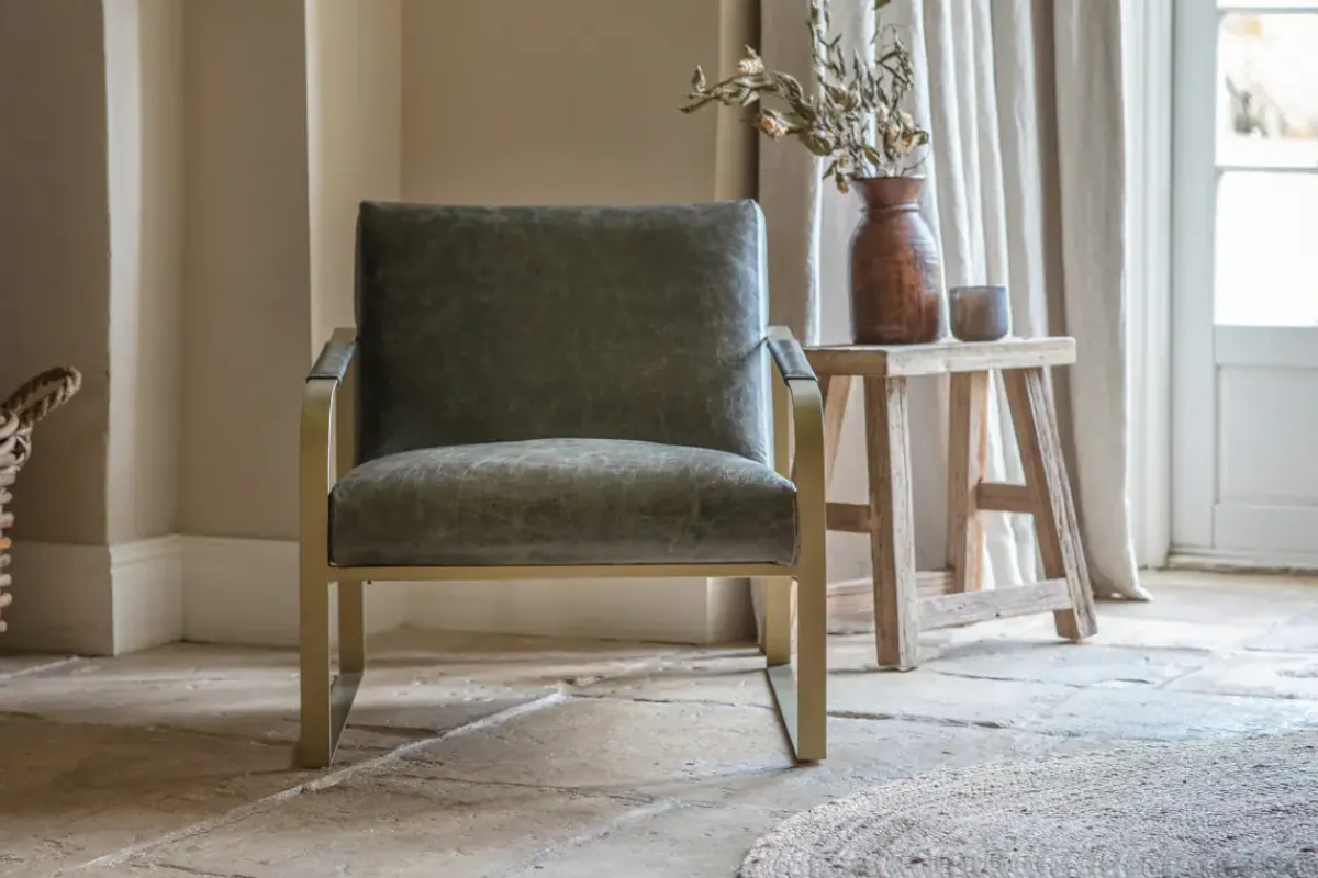 Living|Occasional Chairs^Nkuku Adra Leather & Brass Occasional Chair - Moss Green