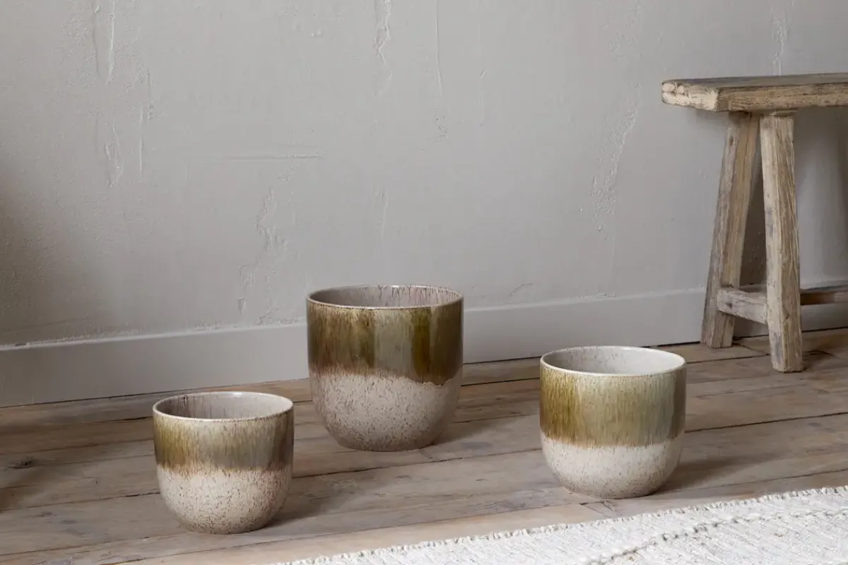 Indoor Planters^Nkuku Almeida Reactive Glaze Plant Pot - Olive & Natural