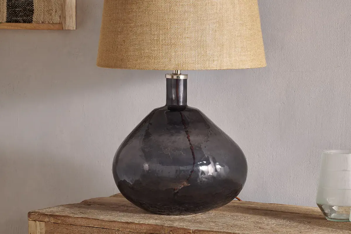 Table Lamps^Nkuku Baba Recycled Glass Table Lamp - - Large Wide Smoke