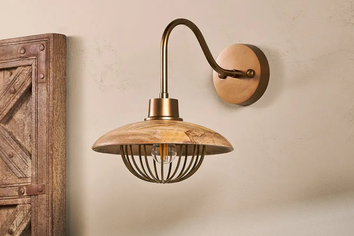 Wall Lights|Wall & Spot Lights^Nkuku Chakai Mango Wood Wall Lamp - Natural & Antique Brass