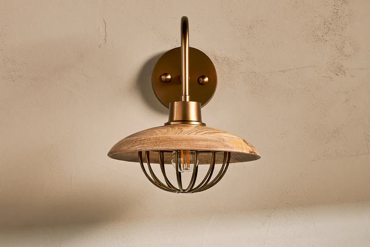 Wall Lights|Wall & Spot Lights^Nkuku Chakai Mango Wood Wall Lamp - Natural & Antique Brass