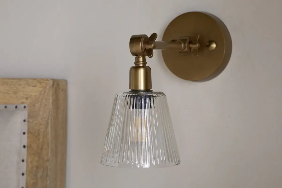 Wall Lights|Spot Lights^Nkuku Davika Ribbed Glass Task Wall Lamp - Clear & Antique Brass