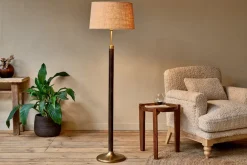 Floor Lamps^Nkuku Digha Wood & Metal Floor Lamp - Dark Stain & Antique Brass