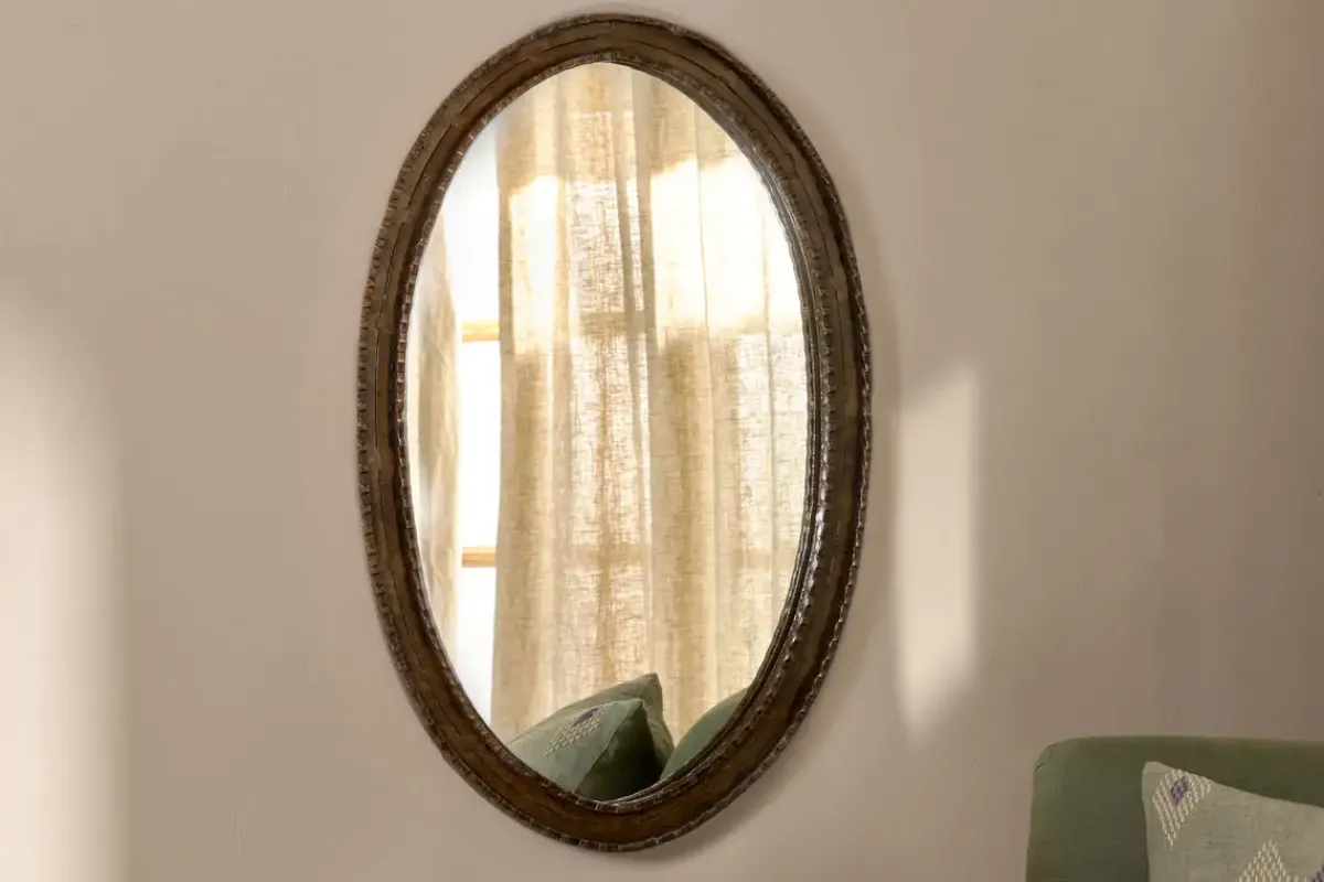 Round Mirrors|Wall Mirrors^Nkuku Drishti Oval Iron Mirror - Antique Black - Small