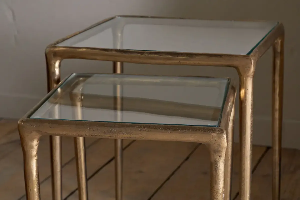 Living|Side Tables^Nkuku Gilasi Cast Metal & Glass Nesting Side Tables - Antique Brass (Set of 2)