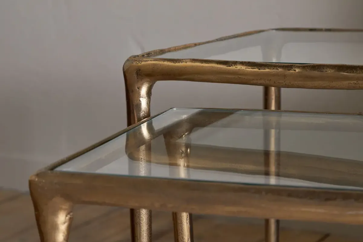 Living|Side Tables^Nkuku Gilasi Cast Metal & Glass Nesting Side Tables - Antique Brass (Set of 2)