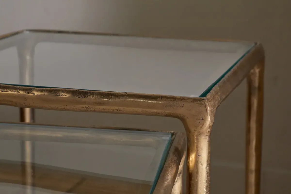 Living|Side Tables^Nkuku Gilasi Cast Metal & Glass Nesting Side Tables - Antique Brass (Set of 2)