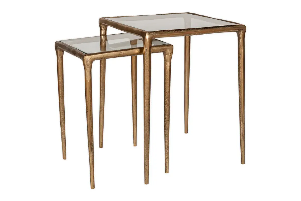 Living|Side Tables^Nkuku Gilasi Cast Metal & Glass Nesting Side Tables - Antique Brass (Set of 2)
