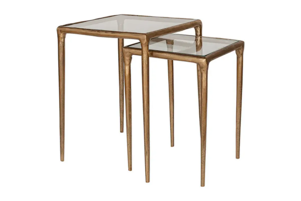 Living|Side Tables^Nkuku Gilasi Cast Metal & Glass Nesting Side Tables - Antique Brass (Set of 2)