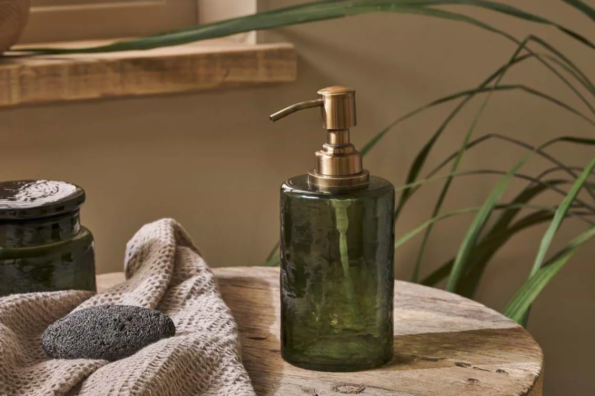 Bathroom Accessories^Nkuku Ilcoso Recycled Hammered Glass Soap Dispenser - Green