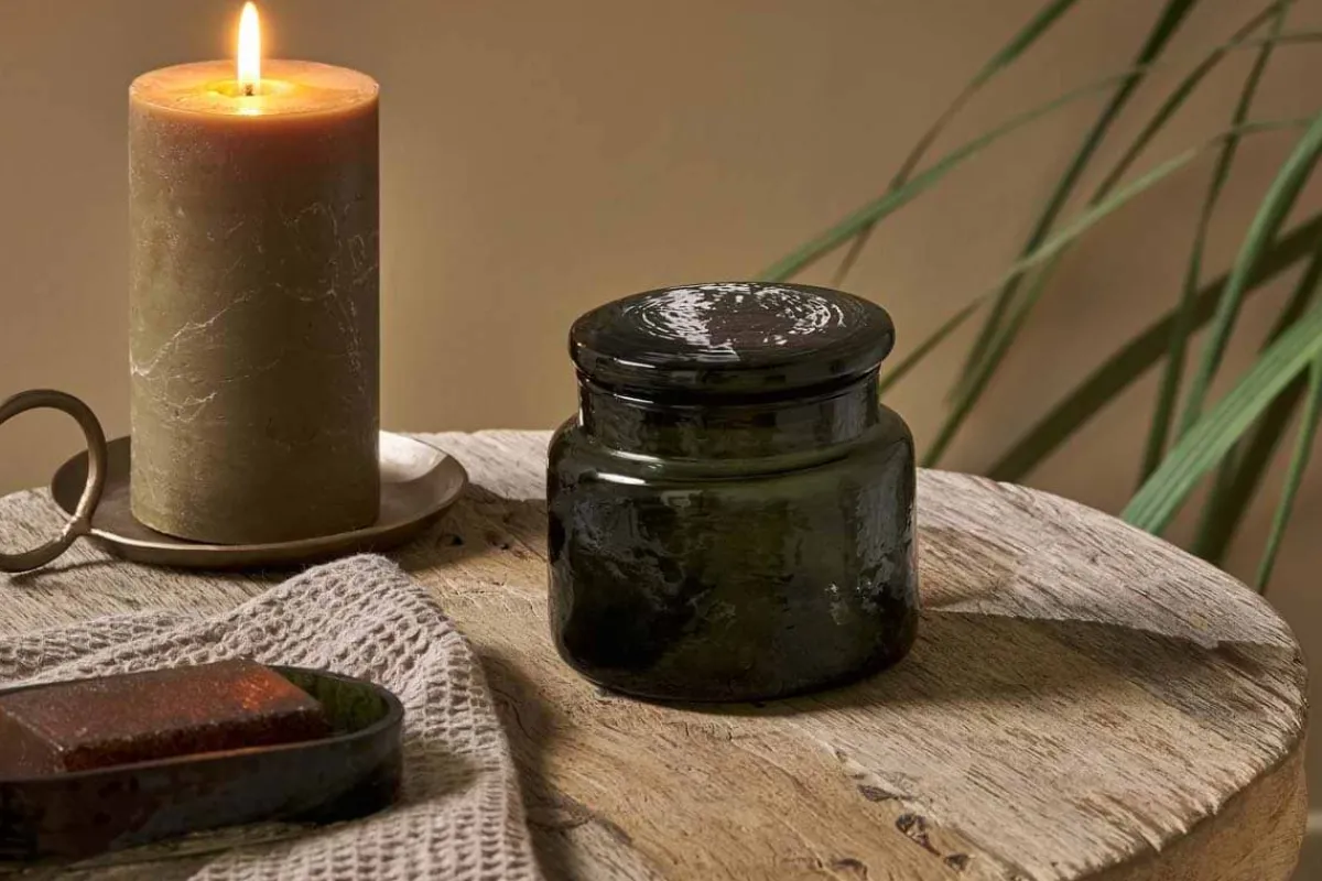 Bathroom Accessories^Nkuku Ilcoso Recycled Hammered Glass Storage Pot - Green