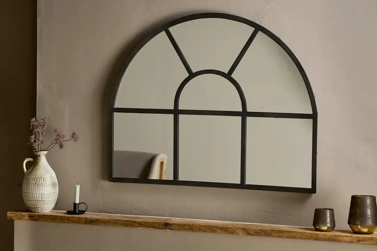 Fireside|Wall Mirrors^Nkuku Imoma Iron Overmantle Arch Mirror Black