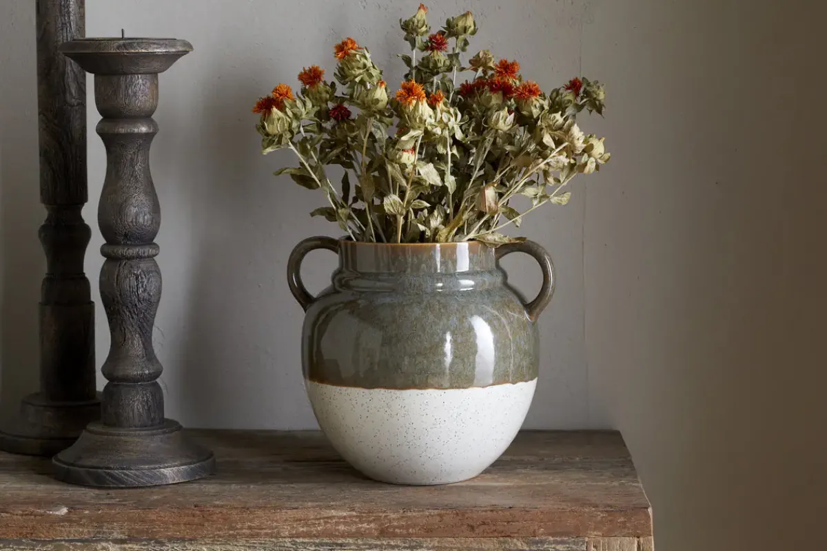 Vases|Decorative Pots & Vases^Nkuku Inha Reactive Glaze Vase - Dark Olive & Natural