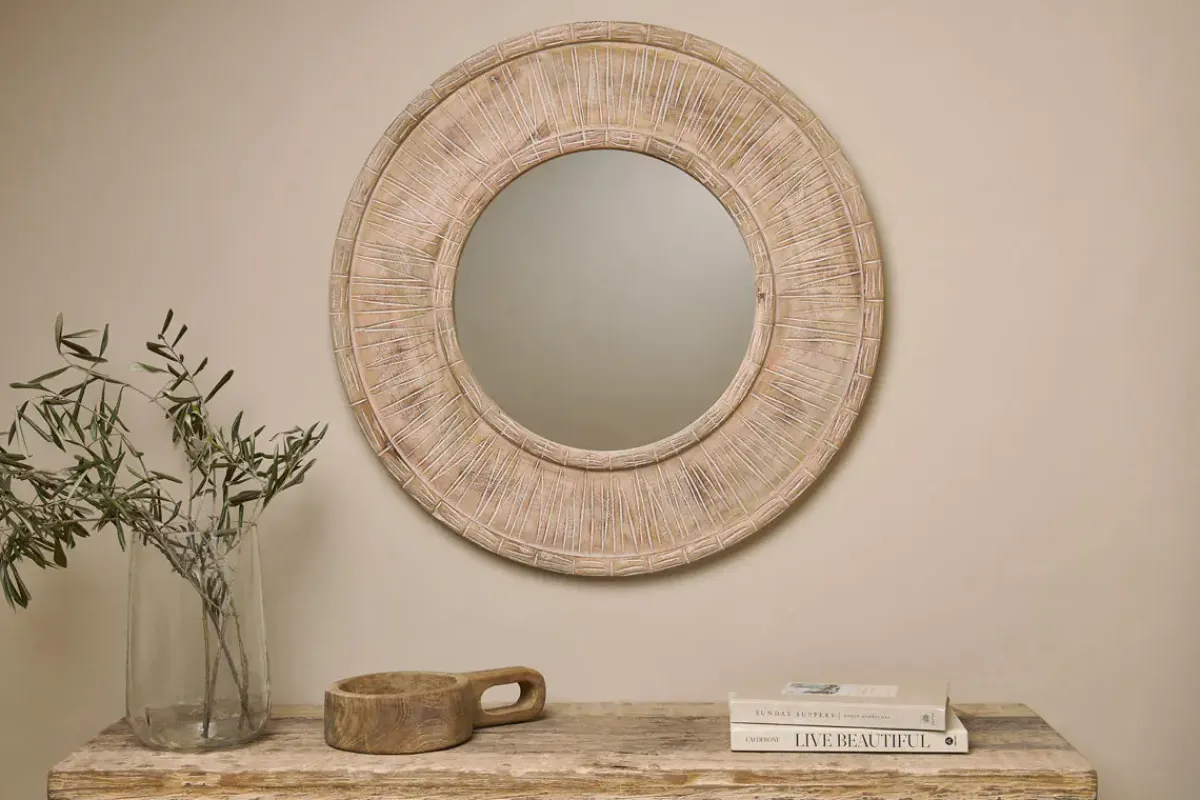 Round Mirrors|Wall Mirrors^Nkuku Itwa Mango Wood Carved Mirror - Natural