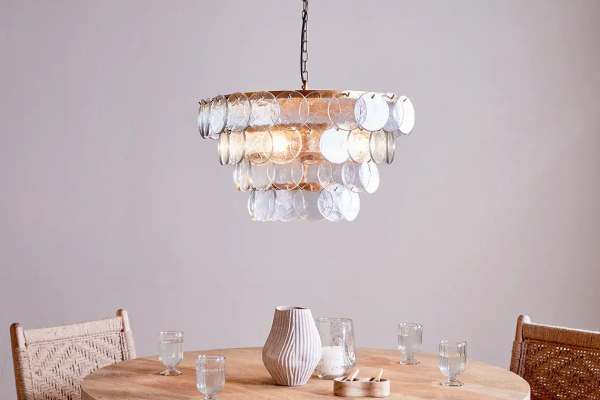 Statement Lighting|Pendant Shades^Nkuku Kagitha Recycled Glass Statement Chandelier - Antique Brass & Clear