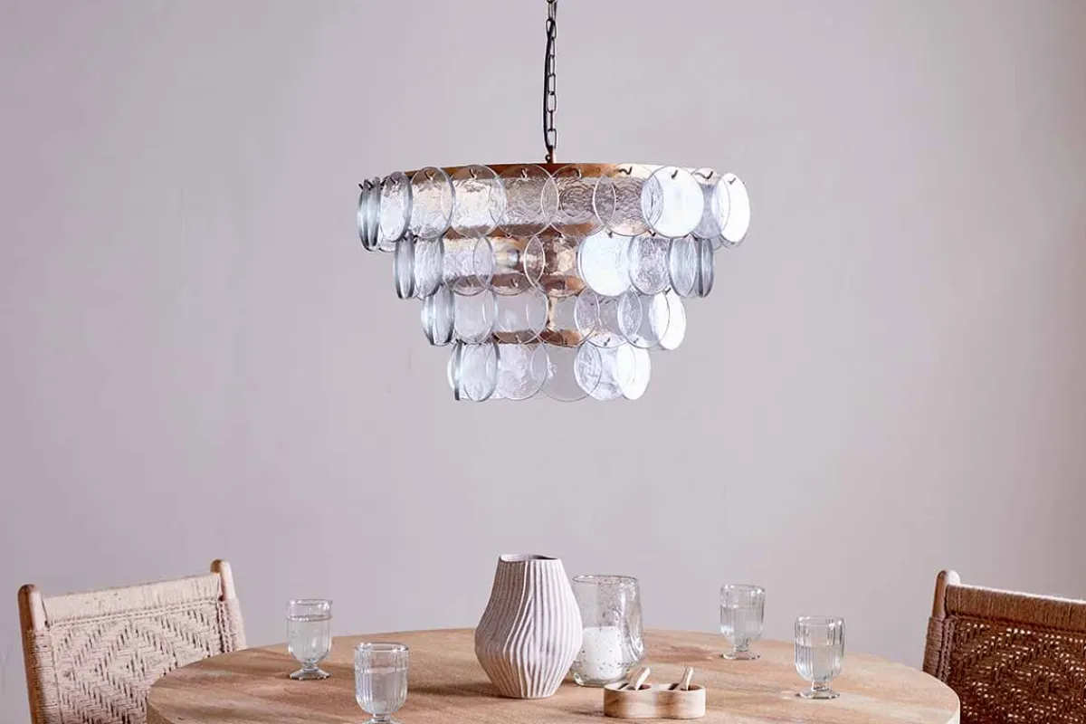 Statement Lighting|Pendant Shades^Nkuku Kagitha Recycled Glass Statement Chandelier - Antique Brass & Clear
