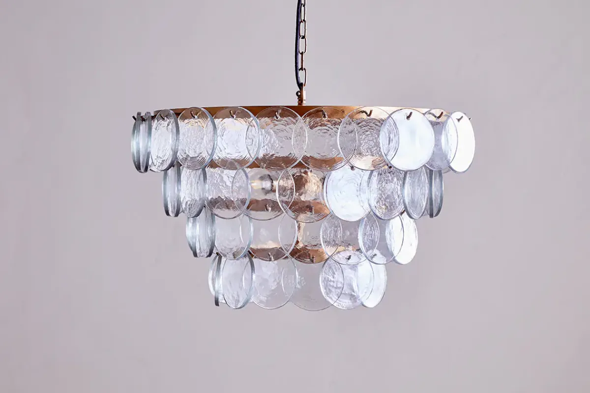 Statement Lighting|Pendant Shades^Nkuku Kagitha Recycled Glass Statement Chandelier - Antique Brass & Clear