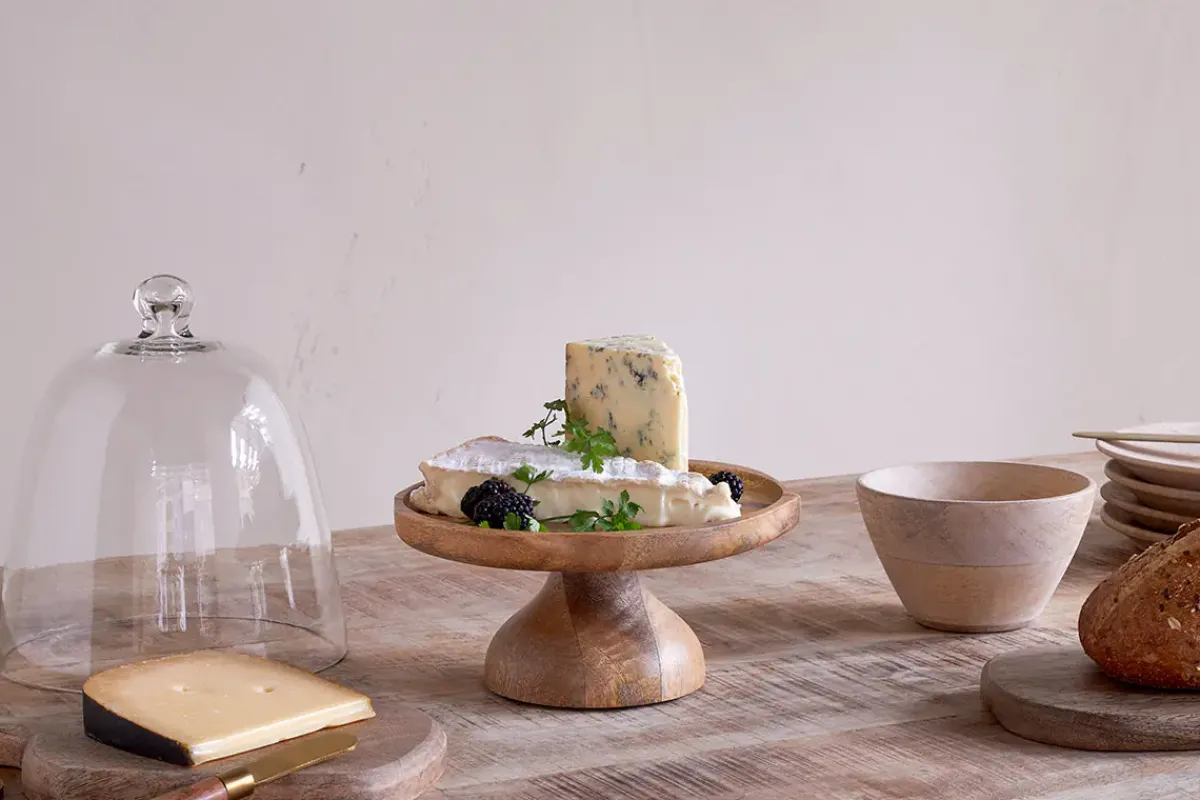 Pantry|Cheese Board & Knives^Nkuku Kannati Mango Wood & Glass Cheese Stand - Clear