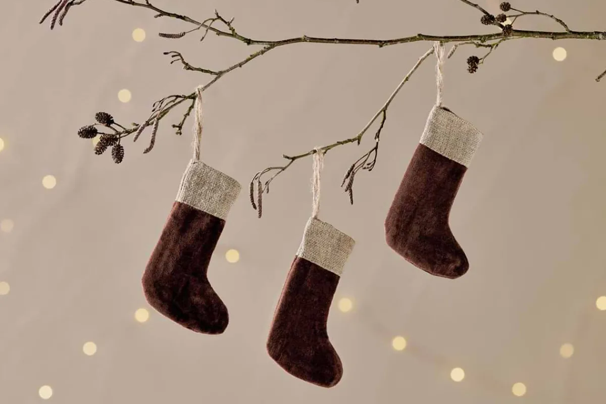 Baubles & Tree Decorations|Winter Berries^Nkuku Karru Cotton Velvet Mini Stocking - - (Set of 3) Rich Mocha