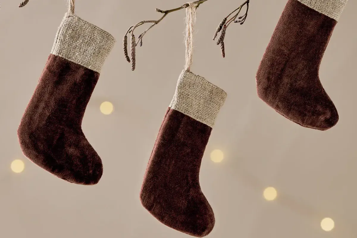 Baubles & Tree Decorations|Winter Berries^Nkuku Karru Cotton Velvet Mini Stocking - - (Set of 3) Rich Mocha