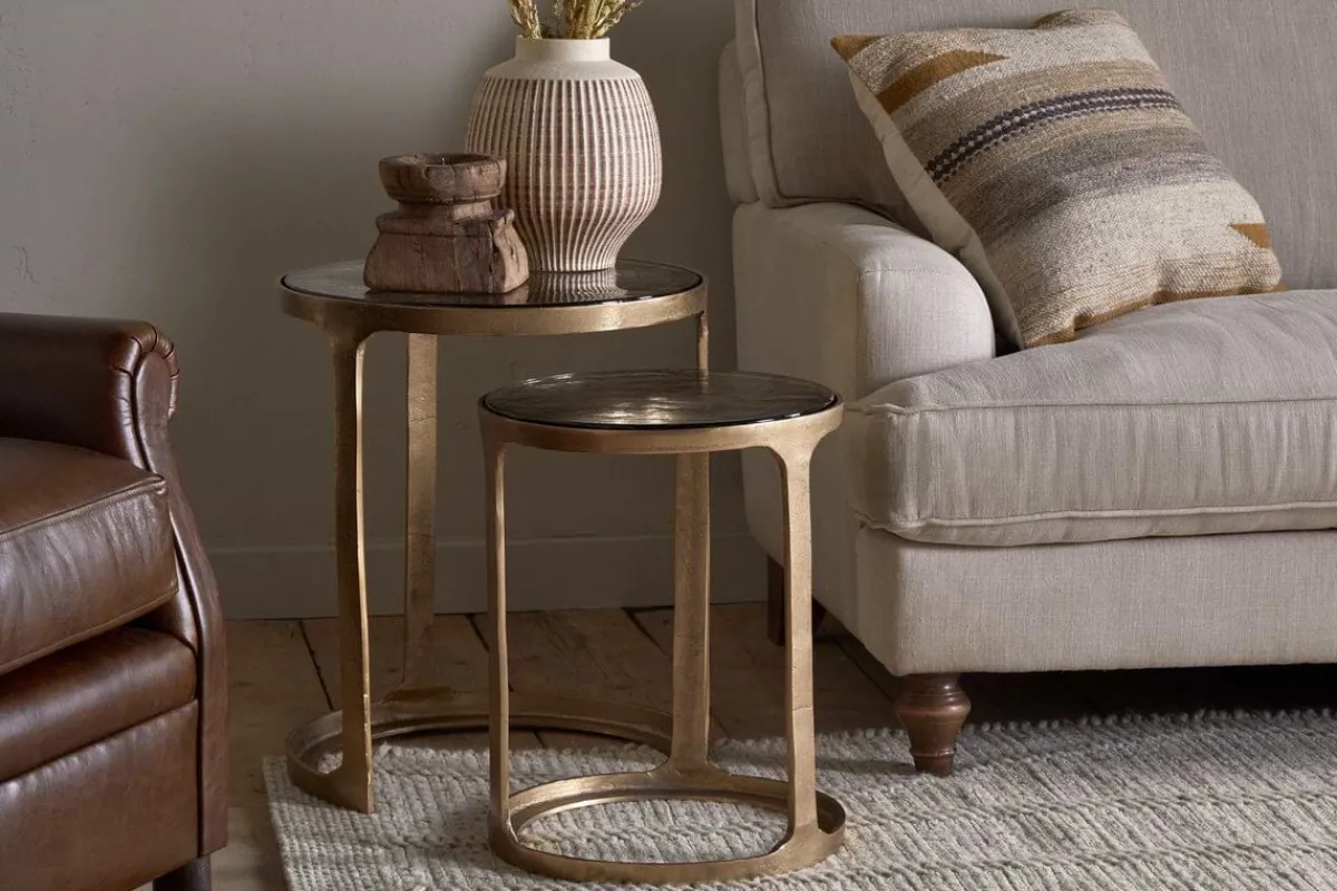 Hallway & Bootroom|Living^Nkuku Khidki Cast Metal & Glass Nesting Side Tables - Antique Brass (Set of 2)