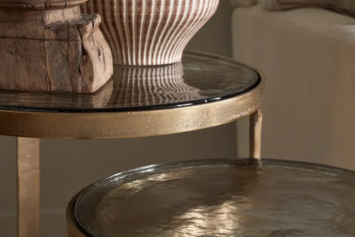 Hallway & Bootroom|Living^Nkuku Khidki Cast Metal & Glass Nesting Side Tables - Antique Brass (Set of 2)