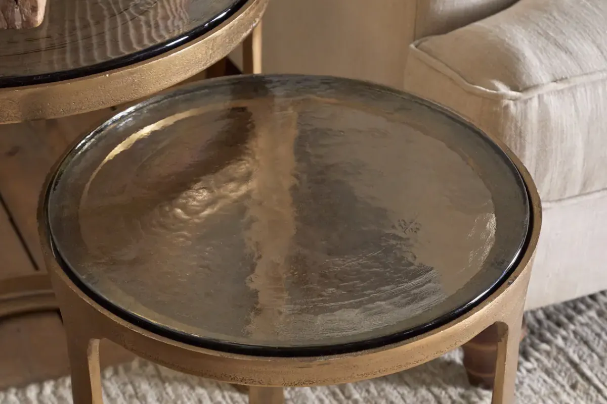 Hallway & Bootroom|Living^Nkuku Khidki Cast Metal & Glass Nesting Side Tables - Antique Brass (Set of 2)