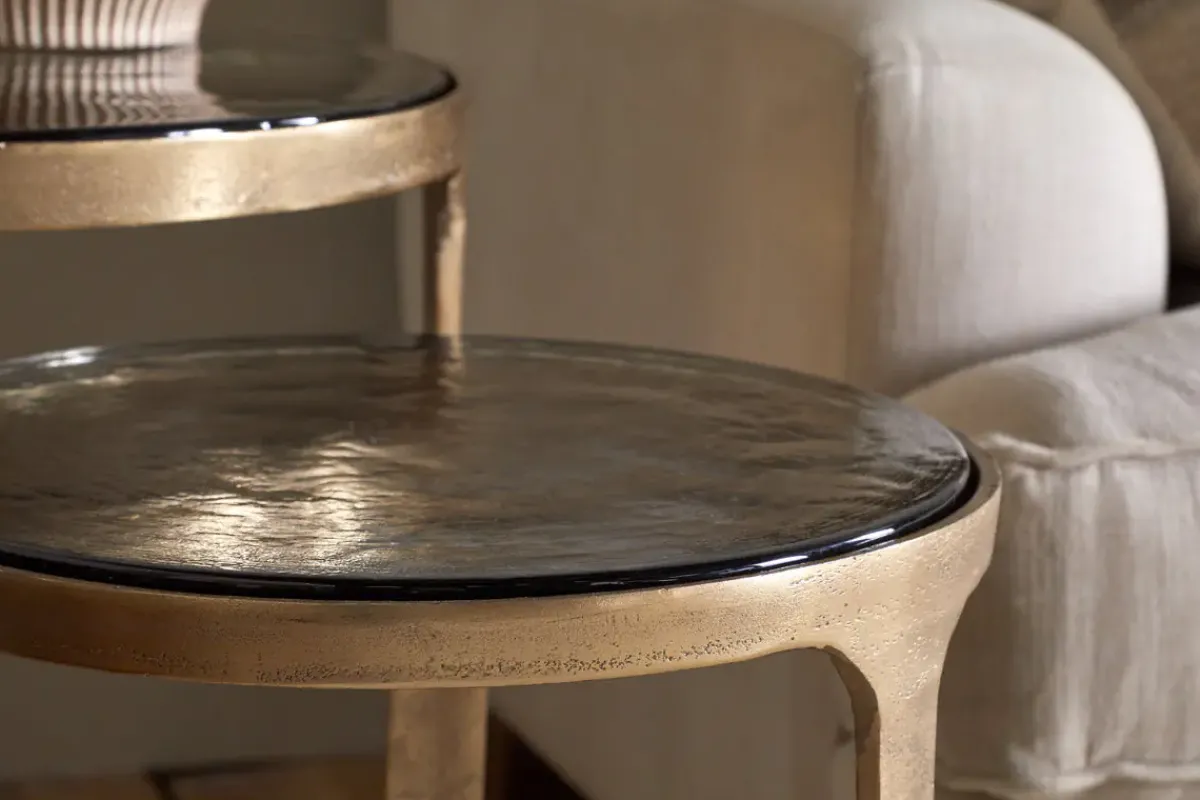 Hallway & Bootroom|Living^Nkuku Khidki Cast Metal & Glass Nesting Side Tables - Antique Brass (Set of 2)