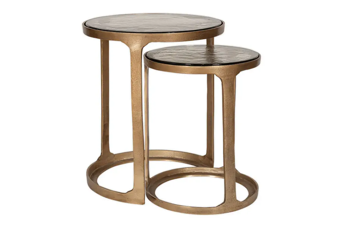 Hallway & Bootroom|Living^Nkuku Khidki Cast Metal & Glass Nesting Side Tables - Antique Brass (Set of 2)