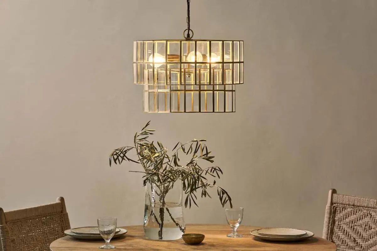 Statement Lighting|Pendant Lighting^Nkuku Kirindi Glass Panelled Chandelier - Clear & Antique Brass