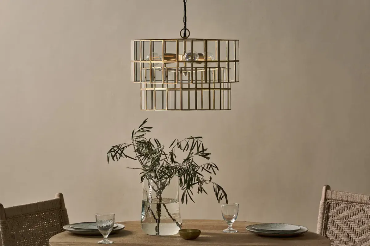 Statement Lighting|Pendant Lighting^Nkuku Kirindi Glass Panelled Chandelier - Clear & Antique Brass
