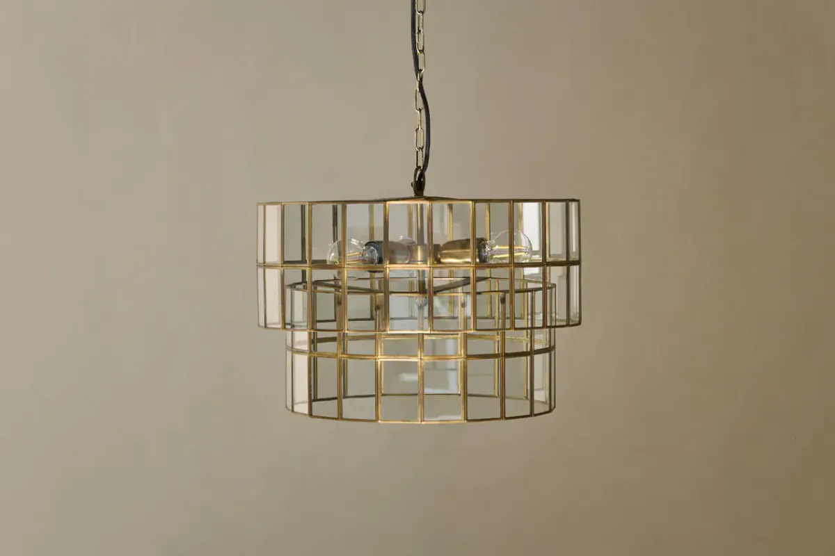 Statement Lighting|Pendant Lighting^Nkuku Kirindi Glass Panelled Chandelier - Clear & Antique Brass