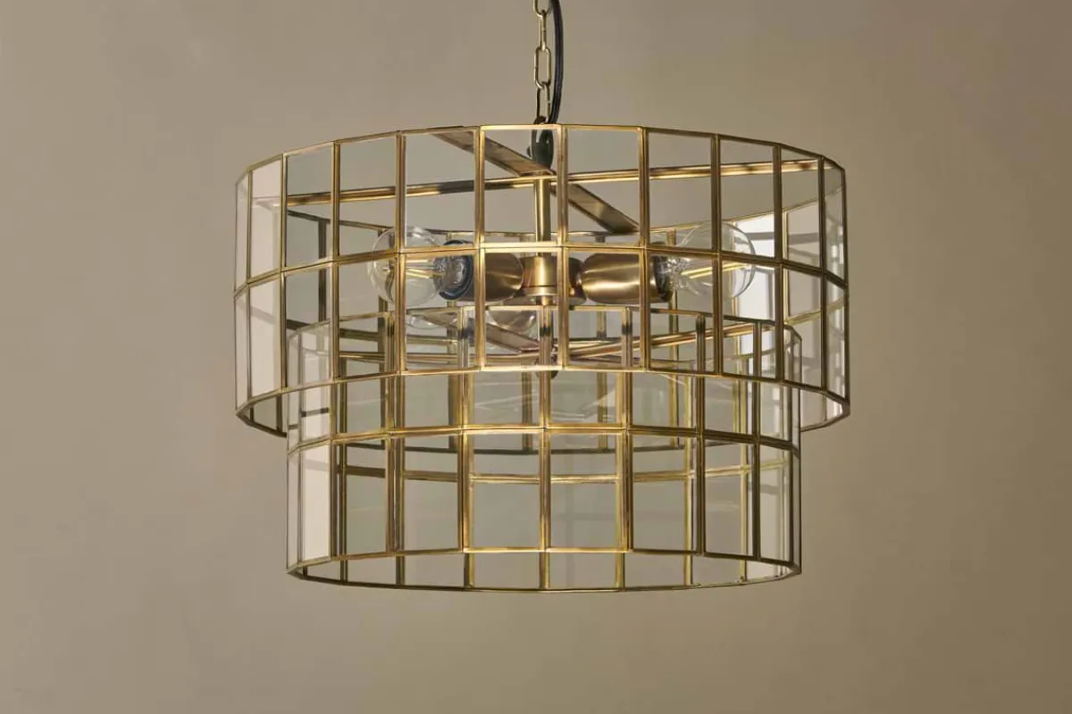Statement Lighting|Pendant Lighting^Nkuku Kirindi Glass Panelled Chandelier - Clear & Antique Brass