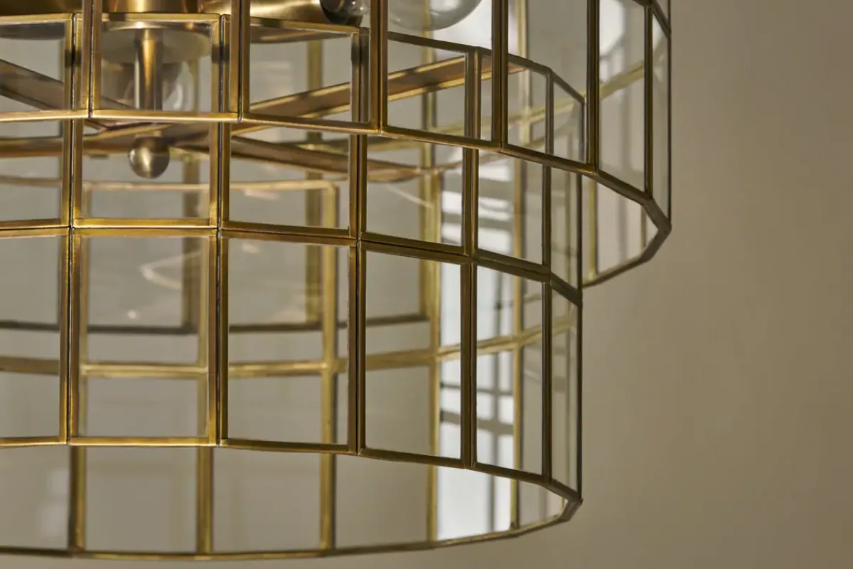 Statement Lighting|Pendant Lighting^Nkuku Kirindi Glass Panelled Chandelier - Clear & Antique Brass