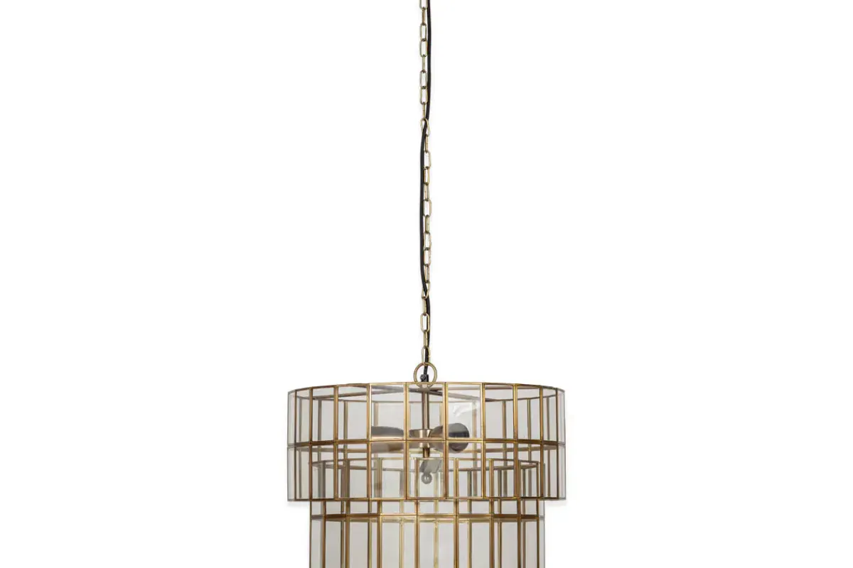 Statement Lighting|Pendant Lighting^Nkuku Kirindi Glass Panelled Chandelier - Clear & Antique Brass