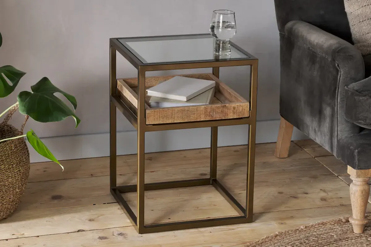 Living|Side Tables^Nkuku Luzon Iron & Mango Wood Display Side Table - Brass