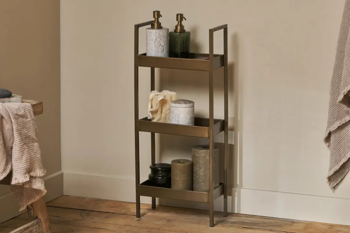 Freestanding Shelves|Storage & Shelving^Nkuku Mahi Bathroom Storage Caddy - Antique Brass