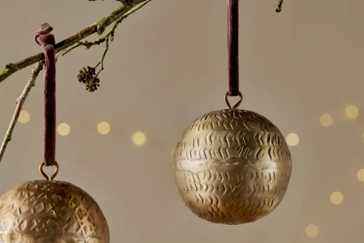Baubles & Tree Decorations|Winter Berries^Nkuku Manya Metal Round Baubles - Brass - (Set of 3)