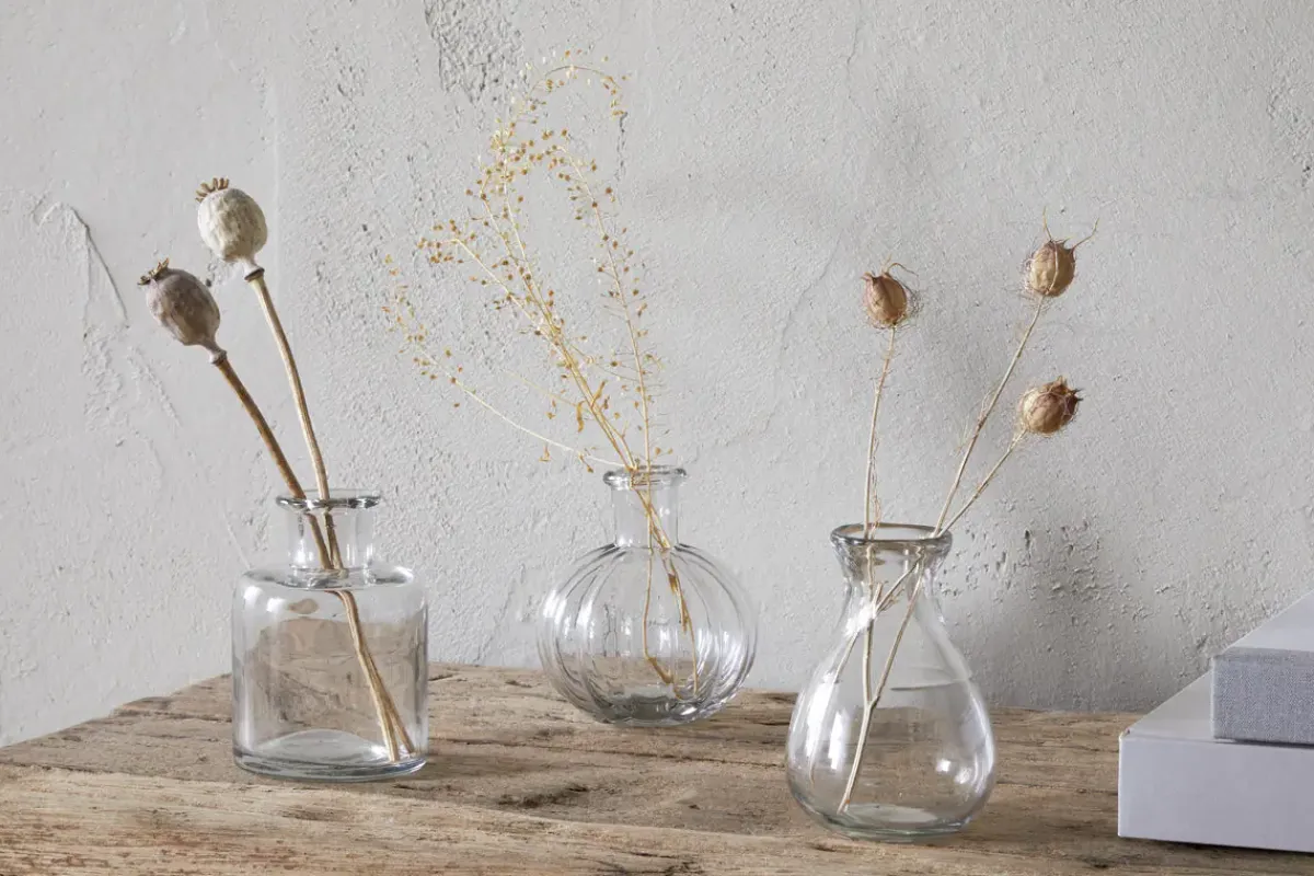Desk Accessories|Decorative Pots & Vases^Nkuku Mayumi Recycled Glass Bud Vases - Clear (Set of 3)
