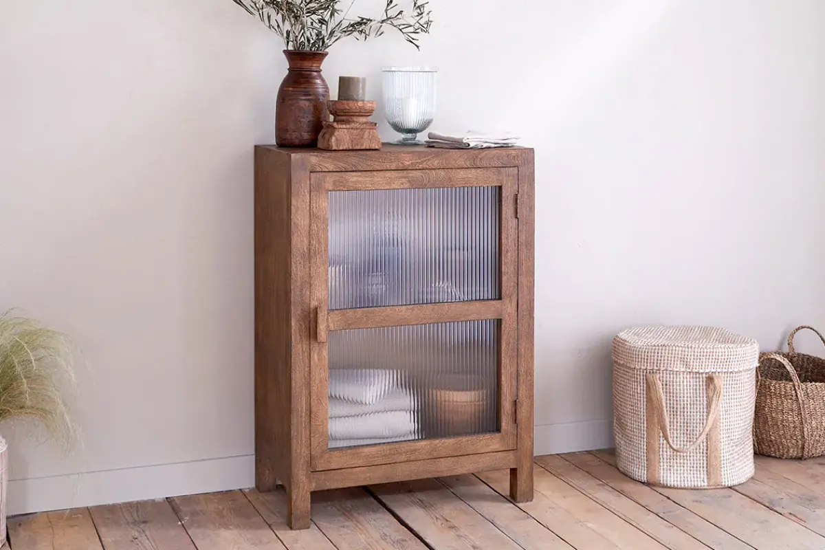 Home Office|Kitchen & Dining^Nkuku Mendani Mango Wood & Fluted Glass Glass Low Cabinet - Walnut Stain