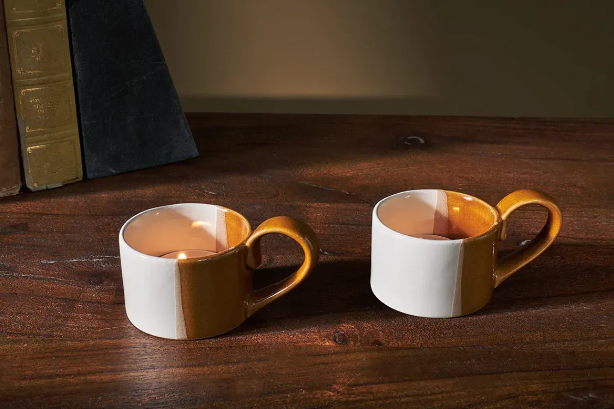 Decorative Home Accessories|Candle Holders^Nkuku Mittee Ceramic Teacup Tealight Holder - Off White & Terracotta (Set of 2)