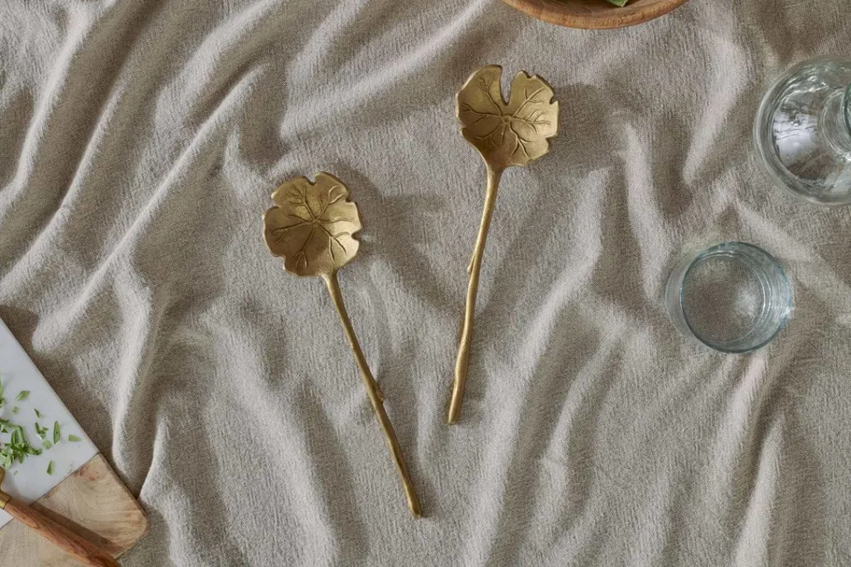 Serving Cutlery|Cutlery^Nkuku Prakriti Leaf Salad Servers - Brushed Gold (Set of 2)