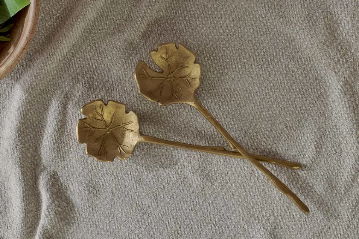 Serving Cutlery|Cutlery^Nkuku Prakriti Leaf Salad Servers - Brushed Gold (Set of 2)