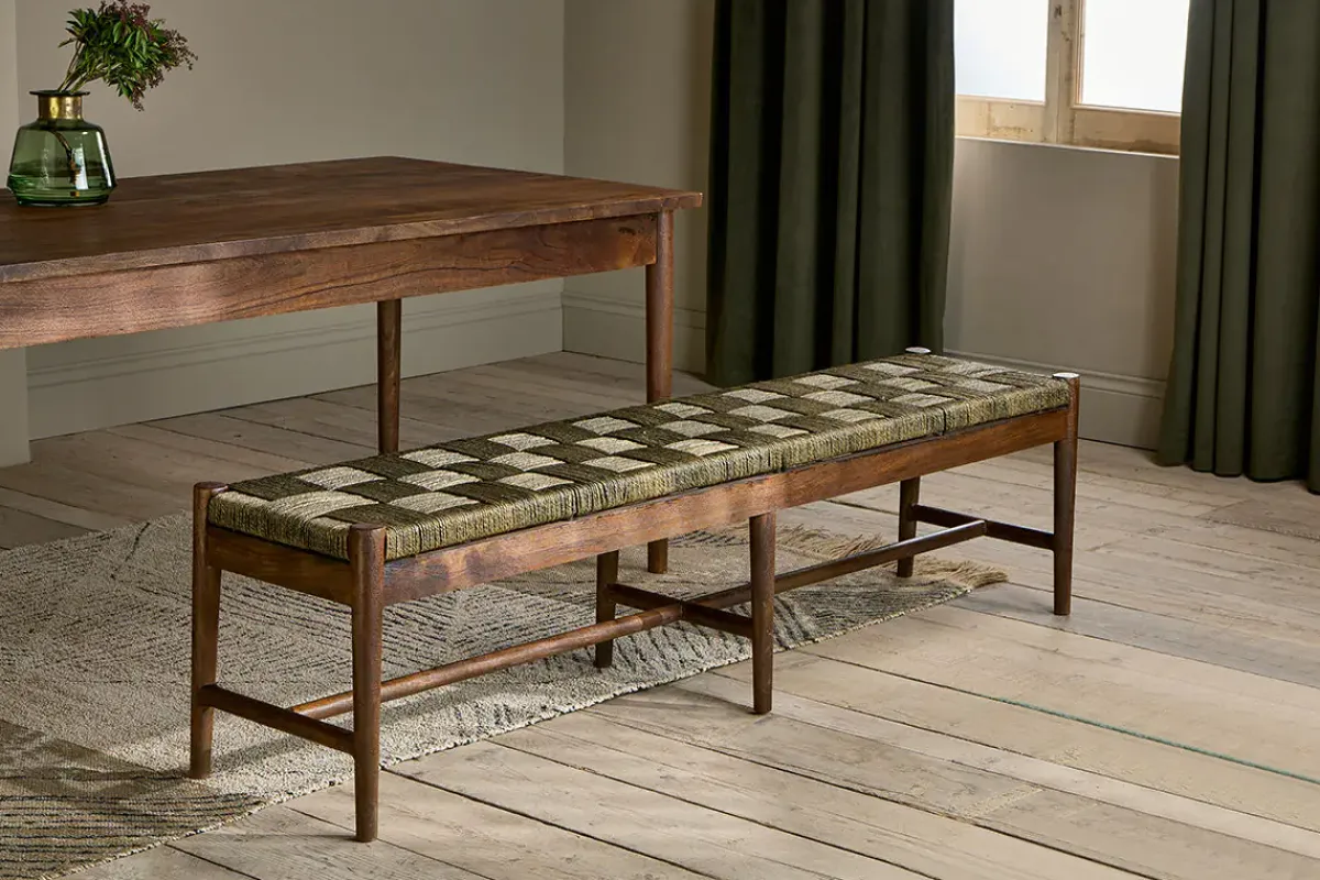 Kitchen & Dining|Dining Chairs & Benches^Nkuku Raunak Acacia Woven Bench - Washed Walnut
