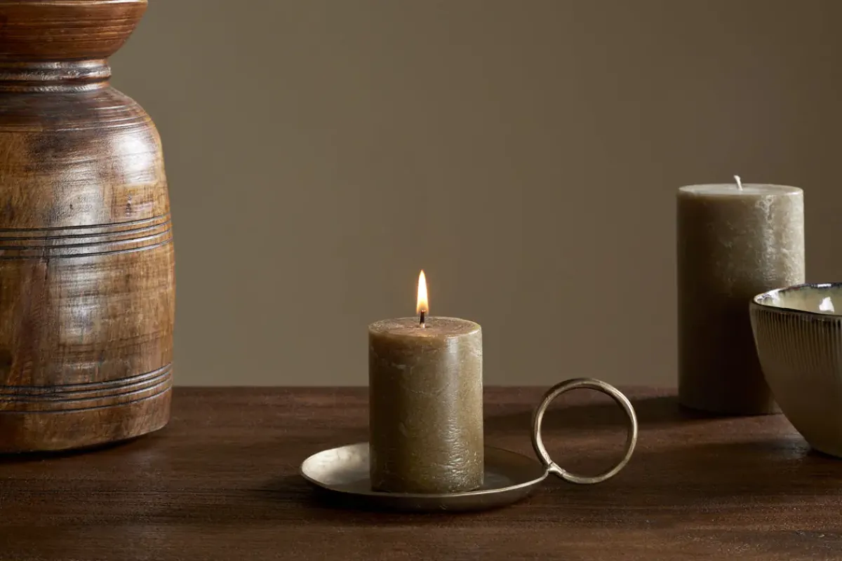 Candles|Candles & Candleholders^Nkuku Rustic Soy Blend Mini Pillar Candle - Olive