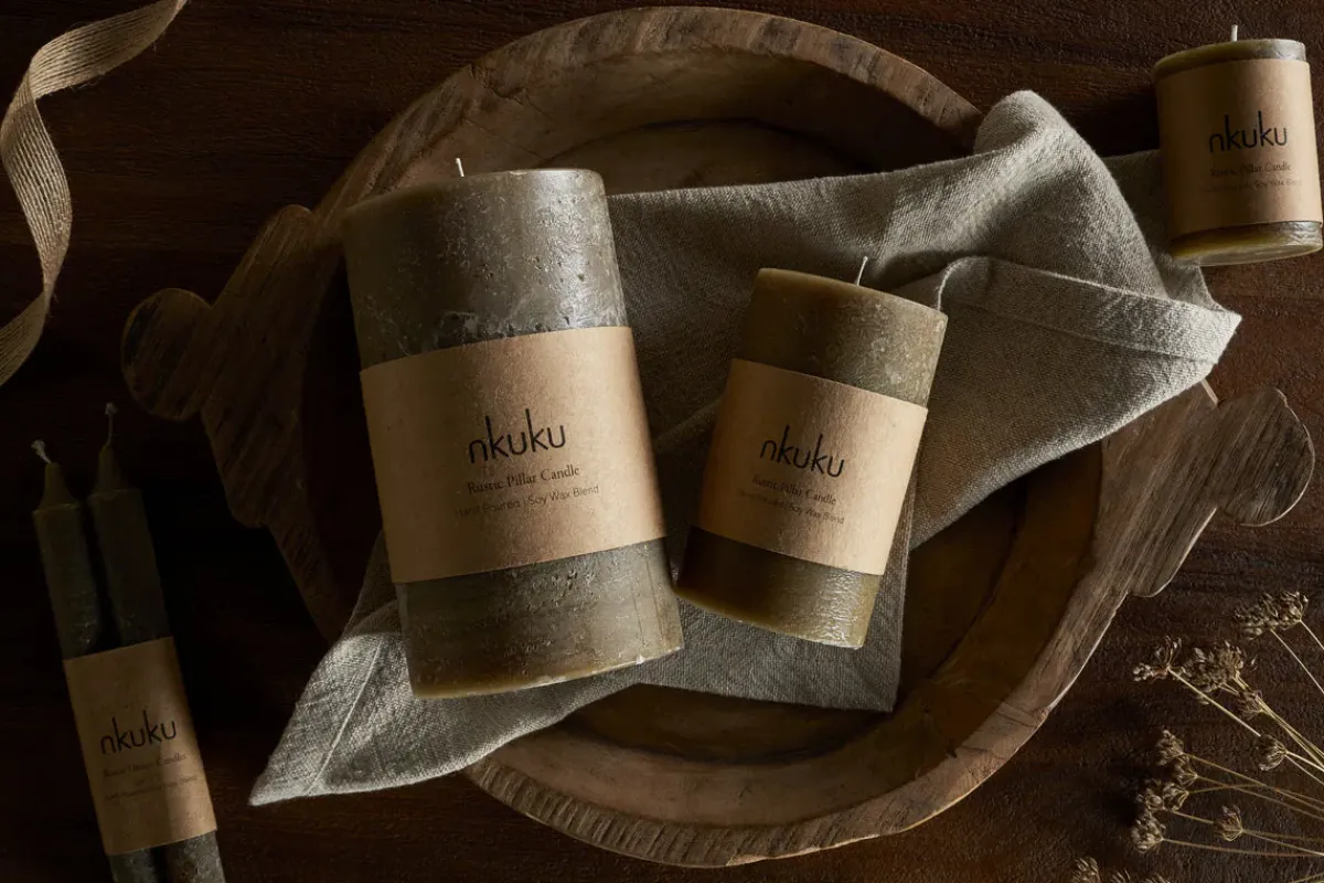 Candles|Candles & Candleholders^Nkuku Rustic Soy Blend Mini Pillar Candle - Olive