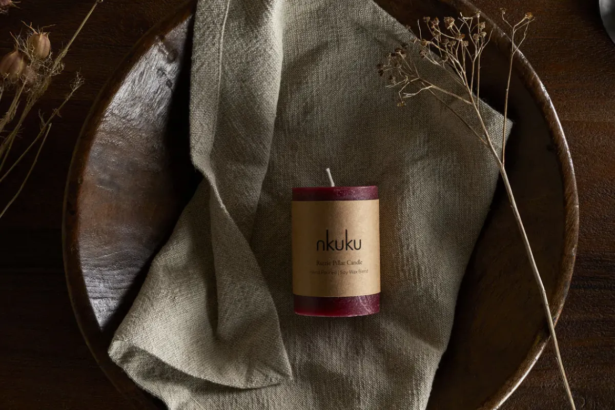 Candles|Candles & Candleholders^Nkuku Rustic Soy Blend Mini Pillar Candle - Dark Cherry