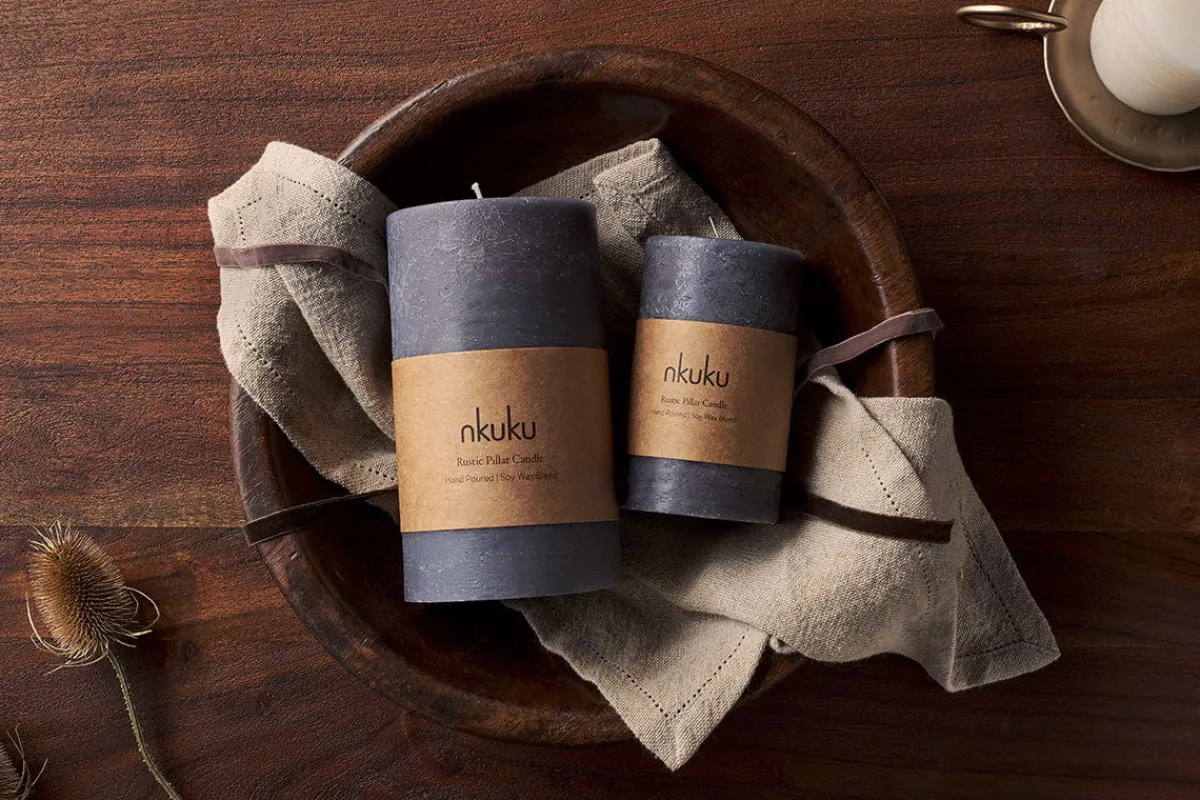 Fireside|Candles^Nkuku Rustic Soy Blend Pillar Candle - - Large Charcoal